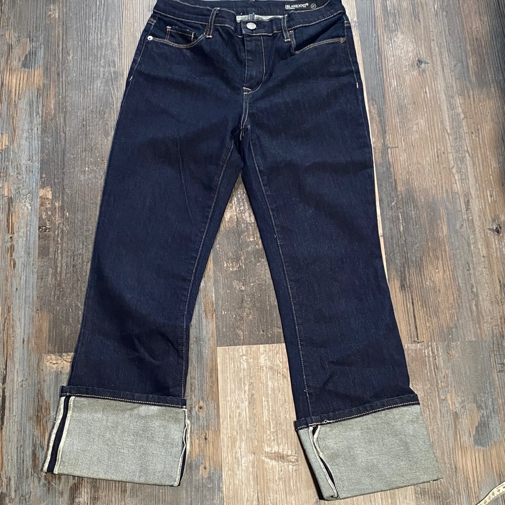 Blank NYC Dark Indigo Straight Leg Jeans with wide cuff